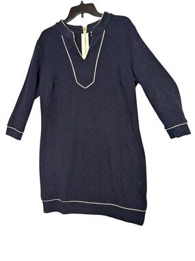 Crown & Ivy Navy Blue Textured Tunic Dress W/ White Trim Long Sleeves Size L Cot